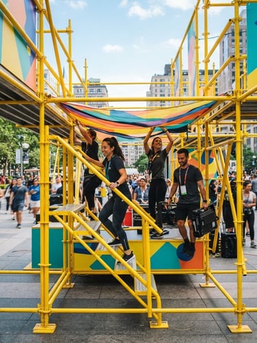 Vibrant close-up of dynamic outdoor brand activation setup with bold yellow scaffolding, bright daylight, energetic event crew preparing the experiential footprint