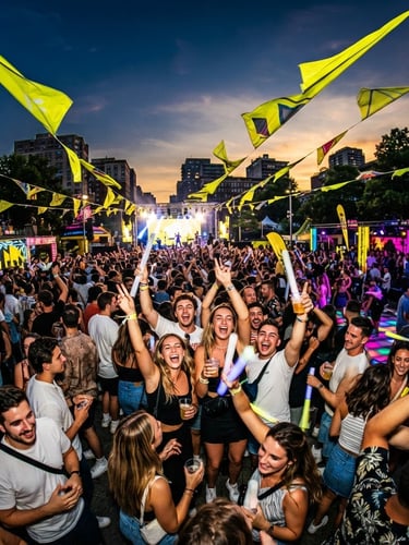 Wide-angle dynamic environmental shot of a crowded outdoor brand activation at sunset, electric yellow banners cutting through high-contrast shadows, energetic crowd reactions