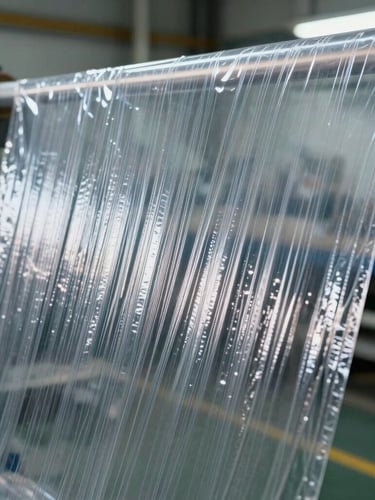 Wide-angle industrial macro shot of a hand-stretched clear plastic film showing high tension and transparency, cool-toned factory background, sharp focus on the film's texture.