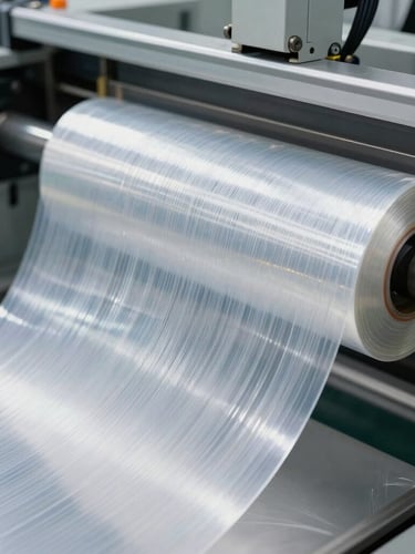 Macro high-definition shot of industrial transparent stretch film being pulled under high tension by an automatic wrapping machine arm, bright cool factory lighting, technical texture visible.
