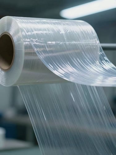 Macro photography of industrial transparent stretch film under high tension, cool-toned factory light, clean background showing film elasticity.