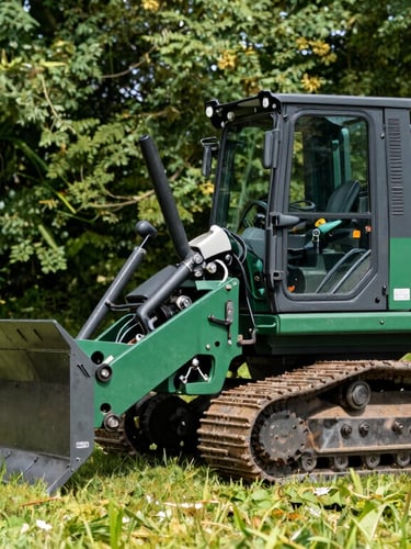 Side view of a heavy-duty green tracked stump grinder parked on a lush green lawn, sharp focus, bright daylight, 35mm