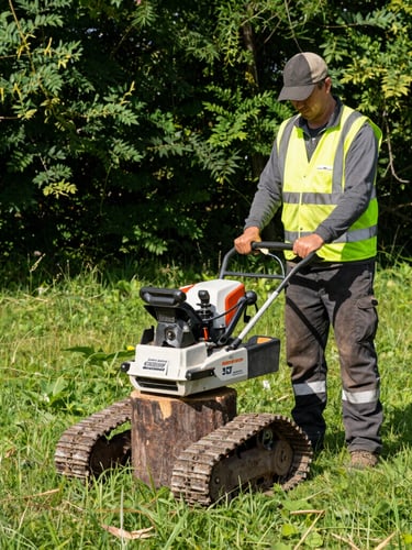 A professional stump grinding crew member in high-visibility safety gear operating a compact, tracked stump grinder on a lush green lawn, bright daylight, 35mm
