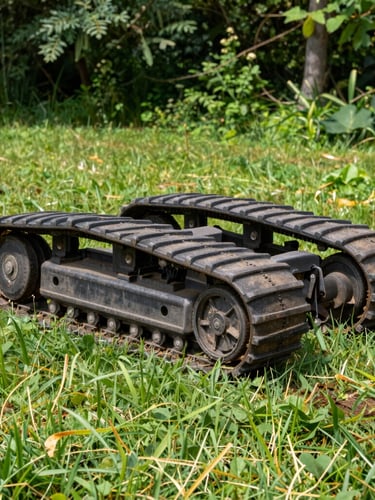 A close-up of turf-safe rubber tracks of a stump grinder moving gently over lush green grass without leaving ruts, bright natural daylight, 35mm