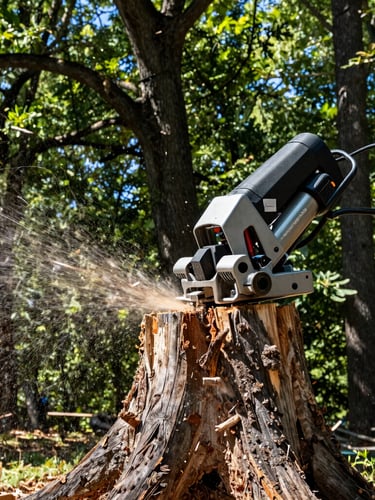 Low-angle action shot of a high-power commercial stump grinder chewing through a large oak stump, woodchips flying, bright natural daylight, 35mm