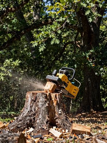 Low-angle action shot of a high-horsepower commercial stump grinder chewing through a massive oak stump, woodchips flying, bright natural daylight, 35mm