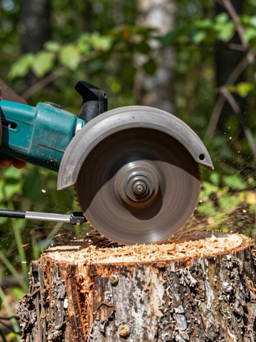 A close-up action shot of a sharp stump grinder wheel spinning and cutting into a tree stump, safety green metal guard, wood shavings spraying, bright daylight.