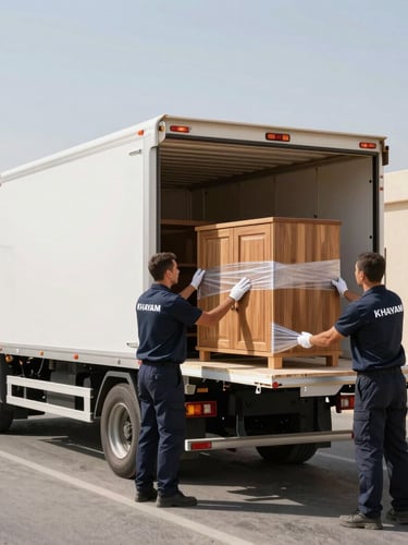 A clean, branded Khayam Furniture Transfer truck parked in bright Abu Dhabi daylight, professional movers in neat uniforms wrapping a wooden cabinet in protective stretch film.