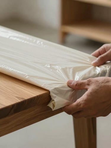Close-up of a professional mover's hands carefully wrapping a wooden table corner with thick protective blankets and heavy-duty shrink wrap, natural daylight.
