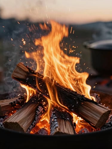 Close-up of sparks flying from a burning pinon wood fire at twilight, cast iron cookware heating over glowing embers, shallow depth of field, warm editorial style.