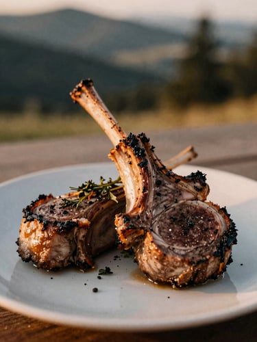 Close-up of a perfectly plated Colorado lamb chop with charred mountain herbs, low-angle golden hour light, shallow depth of field, 35mm film style