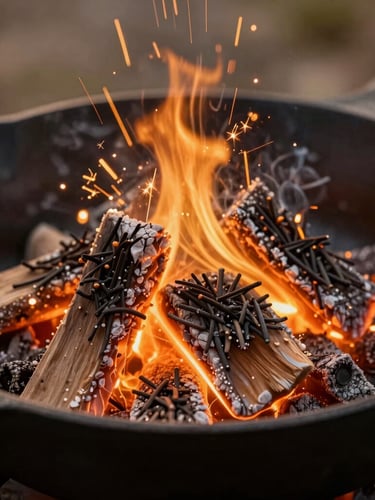 Extreme close-up of pinon wood embers glowing with warm amber sparks under a cast iron skillet, shallow depth of field, warm golden hour light.