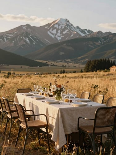 An elegantly set long dining table with linen and iron, positioned in a dramatic mountain meadow in Creede Colorado during golden hour, soft low-angle light.