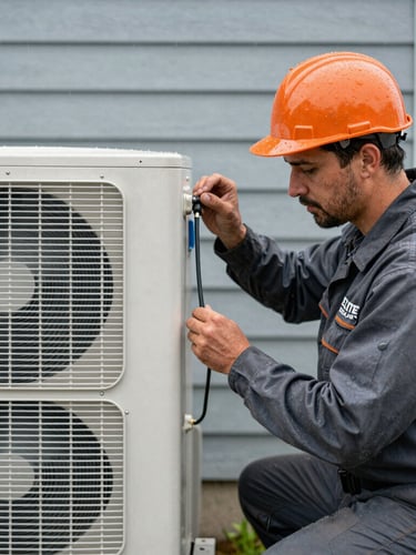 Molalla HVAC technician working on an outdoor heat pump during a light rain, wearing Elite Molalla uniform, hands-on expertise, authentic editorial photography, crisp natural daylight, cool desaturated tones with warm orange accents, sharp focus.