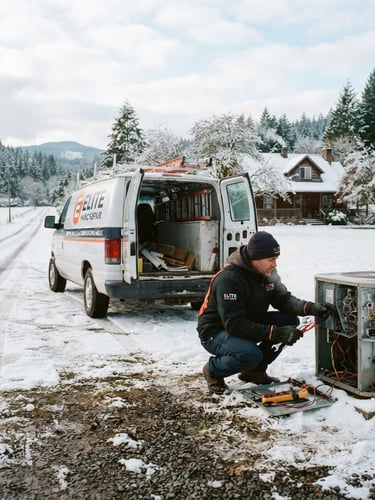 Elite Molalla HVAC Repair service truck parked on a rural road in Molalla, Oregon, with snow on the ground, technician visible checking a heat pump, authentic editorial photography, crisp natural daylight, cool desaturated tones with warm orange accents, sharp focus.