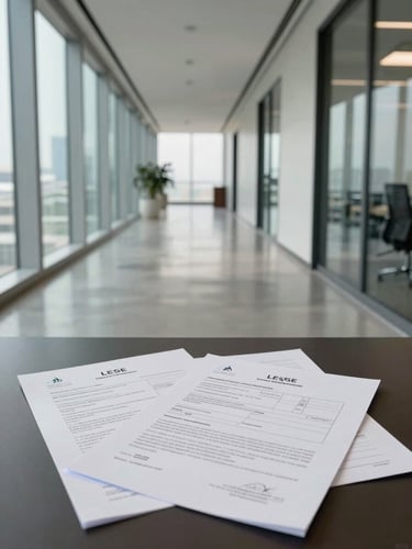 Interior of a UAE commercial office corridor in north-facing window light, polished concrete floor, glass partition walls reflecting daylight, a set of lease documents and floor-plan sheets spread on a side table in the foreground, no people posed