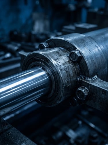 Macro photography of a heavy steel hydraulic piston cylinder, sharp metallic highlights, deep blue workshop lighting, high contrast, industrial texture