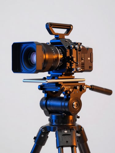 Vibrant studio photography of a high-end camera rig on a production set, sharp focus, electric blue and orange gel lighting cutting through clean white space, 35mm