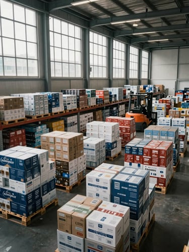 Wide shot of an organized warehouse interior, pallets of boxed consumer goods arranged in uniform rows under high industrial fenestration, cool daylight streaming from tall clerestory windows, a forklift visible in the far aisle, no people in foreground