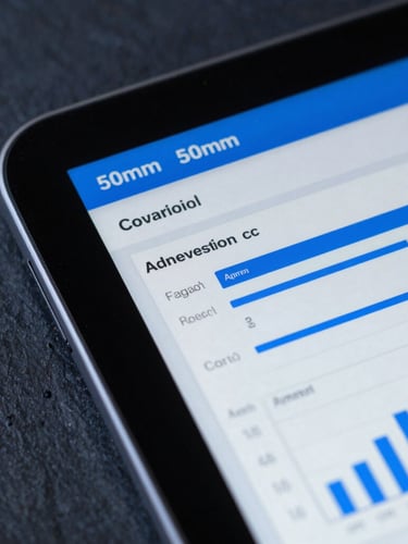 Macro close-up of a clean digital analytics dashboard displaying conversion metrics, sharp focus, cool studio light with electric blue accents, 50mm