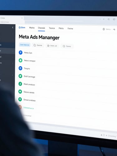 Tight over-the-shoulder macro view of a clean Meta Ads Manager dashboard on a high-resolution screen, cool studio lighting with electric blue accents, sharp focus, 50mm