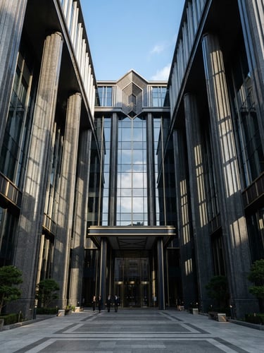 Symmetrical low-angle architectural perspective of a modern corporate headquarters facade, sharp morning window light casting dramatic linear shadows across granite columns, 35mm lens.