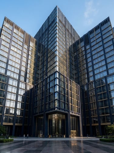 Symmetrical low-angle architectural perspective of a modern corporate headquarters facade, sharp morning window light, deep navy shadows, editorial corporate photography style.