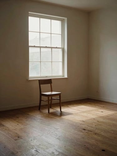 Wide interior scene: a single wooden chair beside a tall window, soft north-facing daylight falling across an empty timber floor, the room otherwise bare — a quiet environmental portrait of deliberate stillness, no people