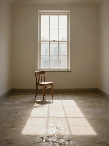 Wide environmental shot of a spare, sunlit room — a single wooden chair near a tall window, afternoon light casting a long rectangle on a pale stone floor, no person present, quietness as the subject, warm editorial tone