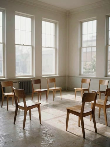 Wide environmental shot of a sparsely furnished room with natural light streaming through tall windows, empty wooden chairs arranged in a loose circle on a pale stone floor, no people, quiet and contemplative atmosphere, late morning daylight