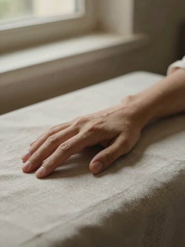 Close-up of two hands resting on a smooth linen-covered surface, fingers slightly curved, soft north-facing daylight from an off-frame window, warm stone tones, deliberate stillness — intimate and unhurried