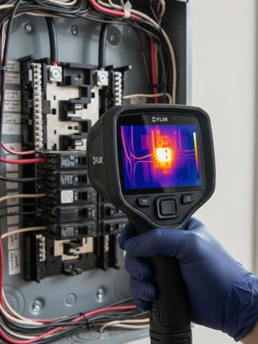 Close-up of a digital thermal imaging camera displaying bright heat signatures on a residential electrical panel, crisp focus, bright natural daylight, technical precision.