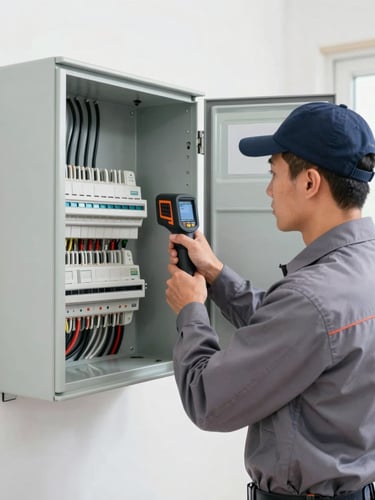 A professional home inspector in a branded grey uniform using a thermal imaging camera on an electrical panel, bright interior lighting, sharp focus, clean technical style