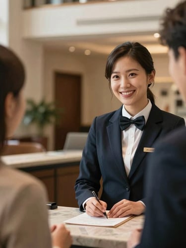 Close-up of a warm, genuine interaction between a hotel receptionist and a guest, soft natural side-lighting, elegant lobby background, warm tones