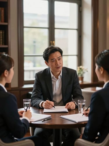 A warm collaborative workshop session inside a luxury hotel library, an empathetic leader mentoring two hospitality professionals, soft natural window light, portrait composition.