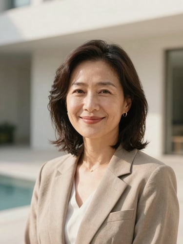A warm editorial portrait of a professional woman in her late 40s smiling gently, soft natural daylight, clean architectural background, 35mm