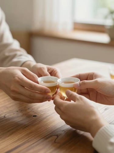 A close-up of hands sharing tea over a wooden table in a brightly lit, comfortable dining room, soft natural daylight, warm tones, 35mm