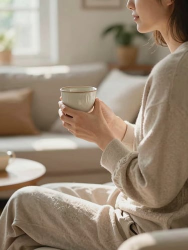 A warm editorial photograph of an active adult sitting in a sunlit living room, holding a ceramic cup, soft natural daylight, shallow depth of field, 35mm