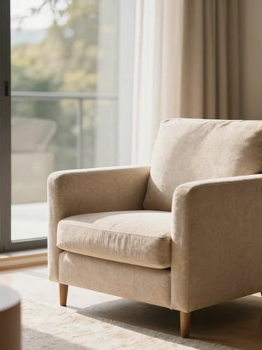 Sunlit modern living room with warm sand tones, a comfortable armchair near a large window, soft natural daylight, shallow depth of field, 35mm editorial photography