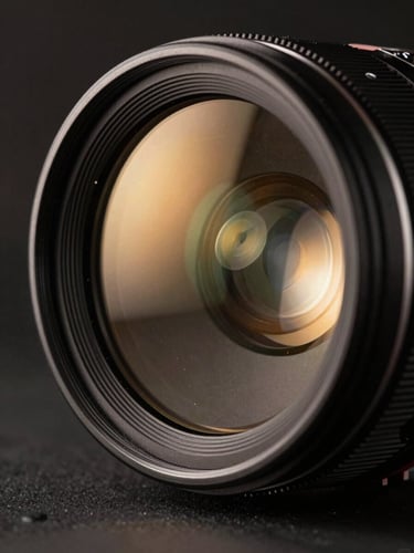 Extreme close-up of an anamorphic lens, warm tungsten light reflecting off the glass elements, dark studio background, cinematic 2.39:1 feel.