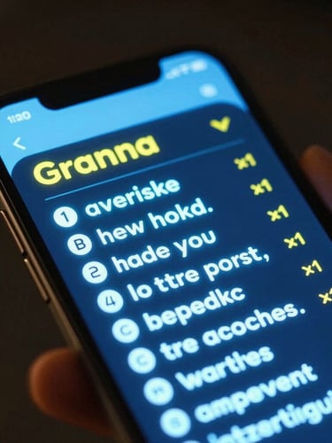 A vertical mobile mockup showing a glowing neon blue English grammar cheat sheet on a dark phone screen. The screen emits a high-contrast futuristic glow with vibrant yellow accents. Close-up isometric framing optimized for mobile.