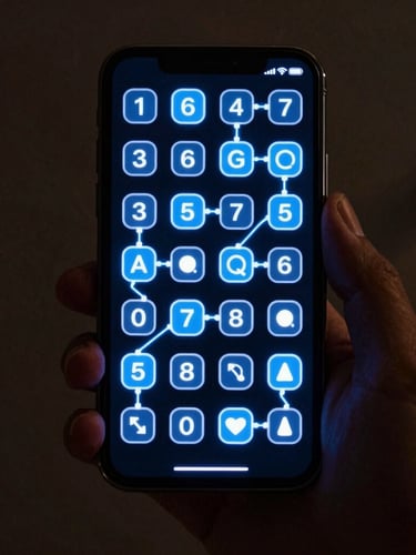 A vertical neon-lit smartphone screen displaying an active vocabulary match game, glowing electric blue nodes, high contrast dark theme