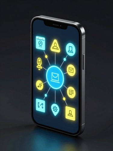 Isometric vertical view of a glowing digital smartphone screen displaying interactive learning nodes in neon blue and yellow highlights, dark background