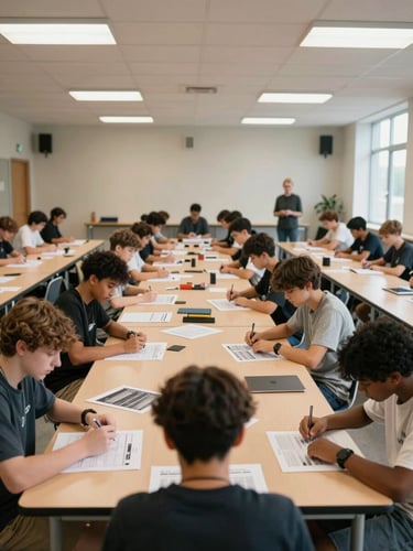 Panoramic frame of a youth workshop in a gymnasium, participants at long tables working on printed materials, facilitators visible at the far end, overhead fluorescent and natural window light mixing, the room full of engaged activity