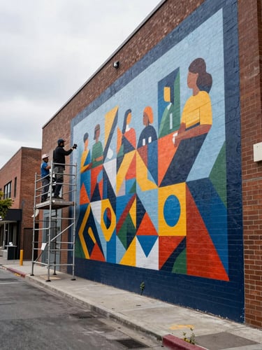 Wide environmental shot of a mural installation in progress on a brick wall in an urban corridor, two workers visible on scaffolding in the left third, the painted surface showing geometric community imagery, overcast daylight, street-level context visible below