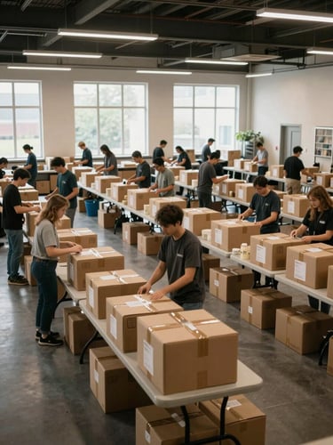 Wide shot inside a community distribution space, rows of packed boxes on folding tables, volunteers in motion across the frame, natural light from high windows, the space full and active, no posed moments