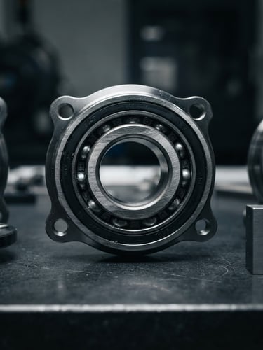 Close-up of finished high-precision wheel hub bearings on a clean industrial inspection table, cool metallic glints, sharp focus on steel textures, dramatic studio lighting.