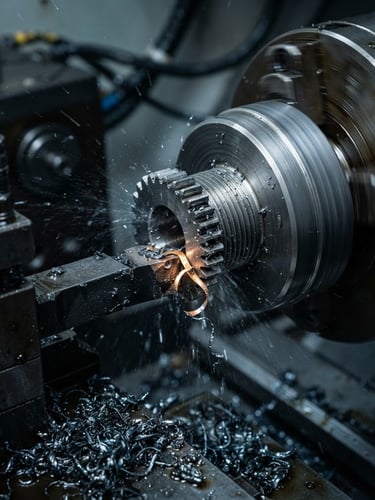 Macro shot of a high-precision CNC lathe cutting a steel gear blank, cool metallic grays with sharp steel threads and oil droplets under bright industrial studio lighting.