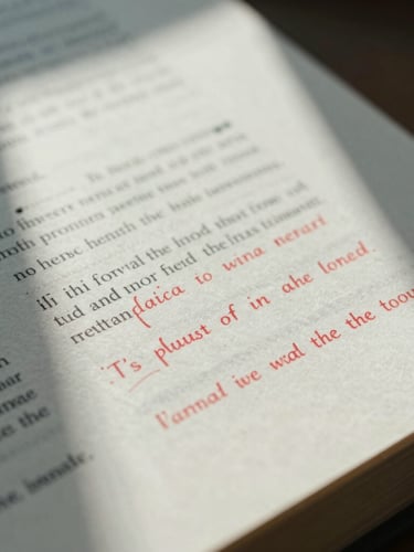 Macro close-up of physical book proofs with detailed editorial markups in red ink, diffused cool daylight casting sharp shadows on textured paper.