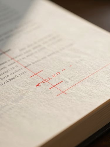 A macro close-up of physical book proofs with red editorial markups on crisp cream paper, cool morning light.